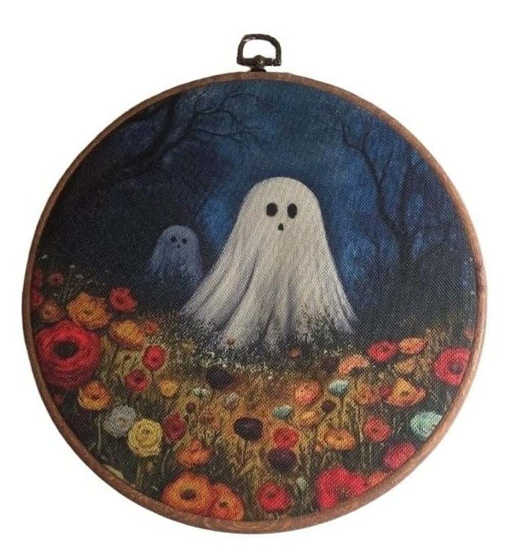 Vintage Ghost in Wildflower Field Halloween Wall Art Hanging Decor